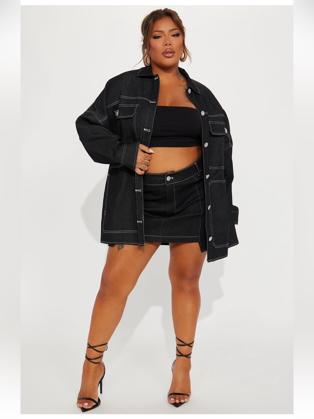 Black Contrast-Stitch Oversized Denim Jacket Skirt Set - Picture 4 of 5
